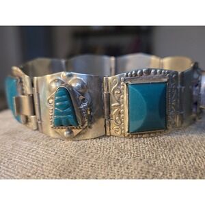 TAXCO Panel Green Onyx Bracelet Mexico 925 Sterling Carved  Heads 1940 Rare